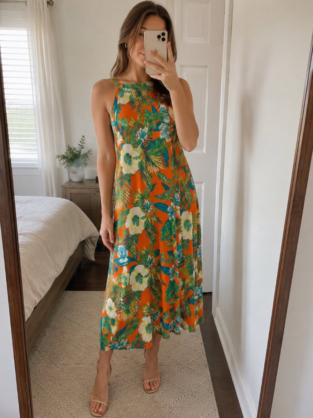 Tropical Orange Floral Halter Midi Dress | Sz. M Girls